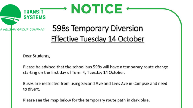 School Bus Route 598S (mornings) &#8211; Diversion in place from Day 1, Term 4, Tuesday 14 October