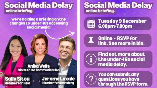 From the Office of Sally Sitou MP,  Federal Member for Reid: &#8220;Social Media Delay &#8211; Online Briefing&#8221;